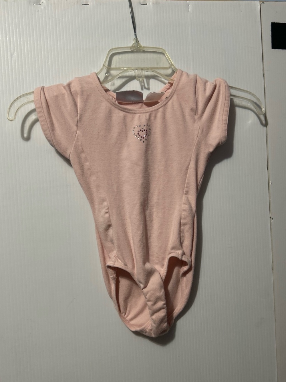 Danskin Pink Short Sleeve Girls One-Piece Leotard with Heart Rhinestones